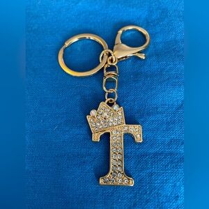 Gold Crown “T” Initial Rhinestone Charm Keychain and Clip